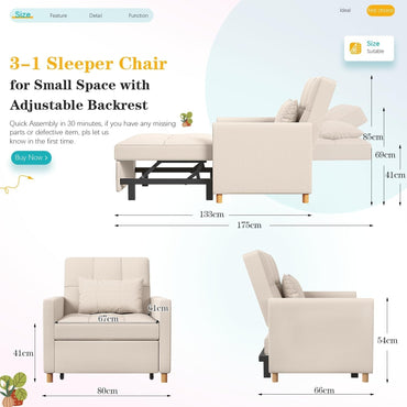 YODOLLA 175cm Single Sofa Bed Chair,3-in-1 Sleeper Armchair Convertible