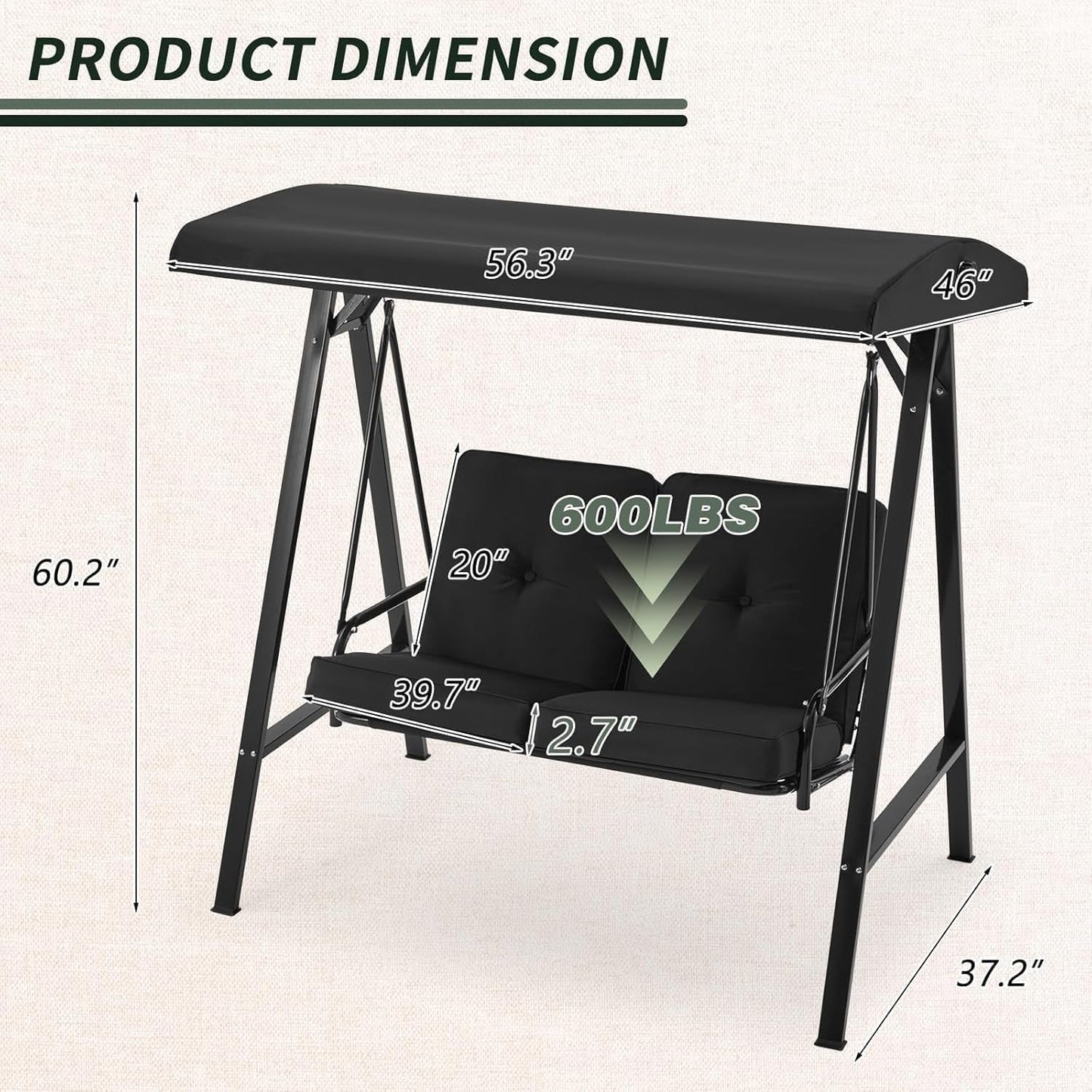 YODOLLA Patio Swing Chair 2-Seat for Adult, Black