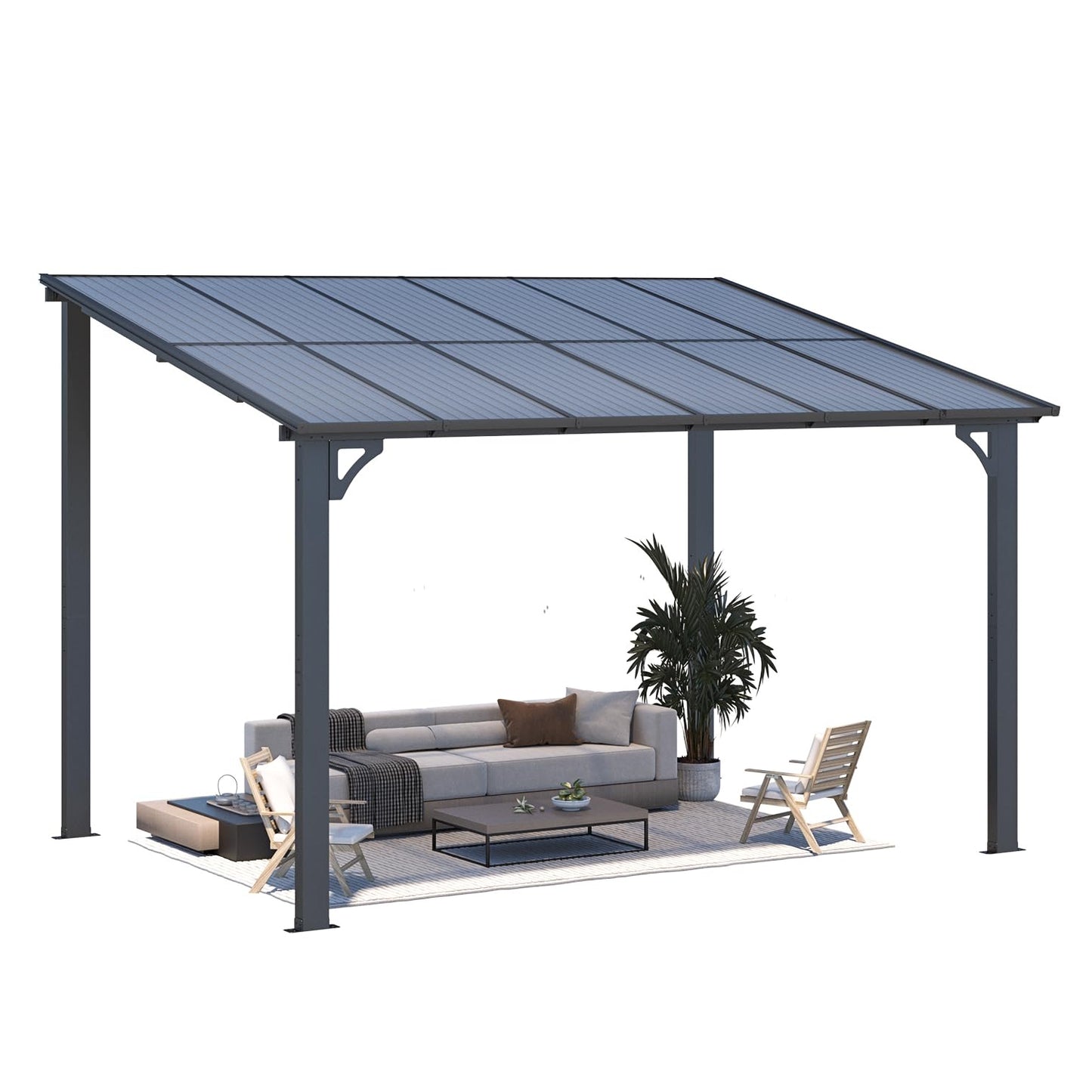 YODOLLA 2.4x3.65m Aluminium Lean-to Gazebo, Wall-Mounted Hardtop Roof Pergola