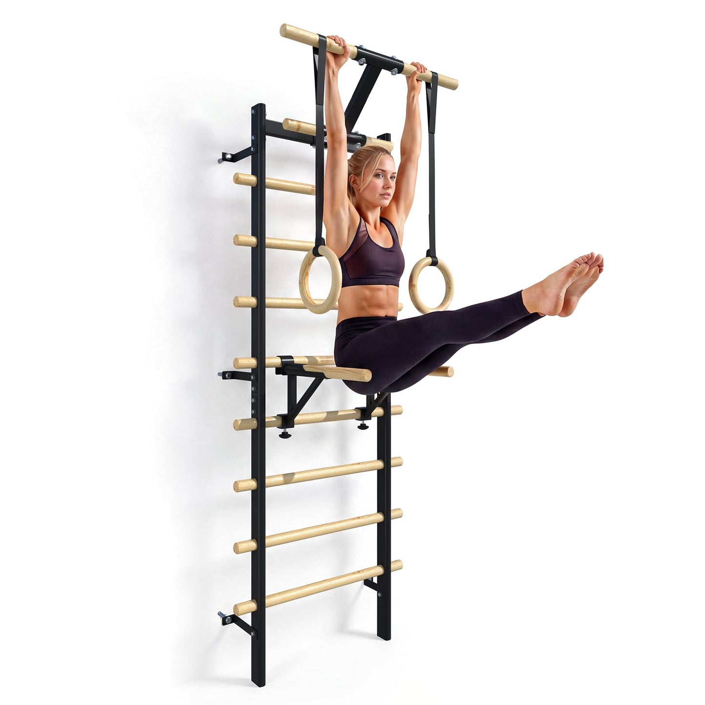 YODOLLA Wall Mounted Swedish Ladder with Pull Up Bar & Gym Rings