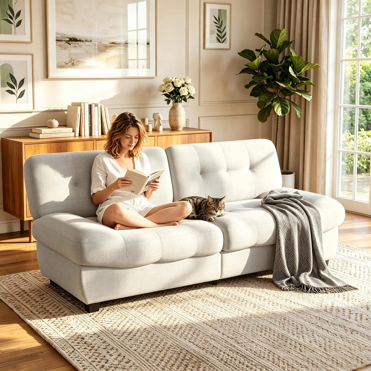 YODOLLA Armless 3-4 Seater Sofa 190cm, Thick Cushion Sofa