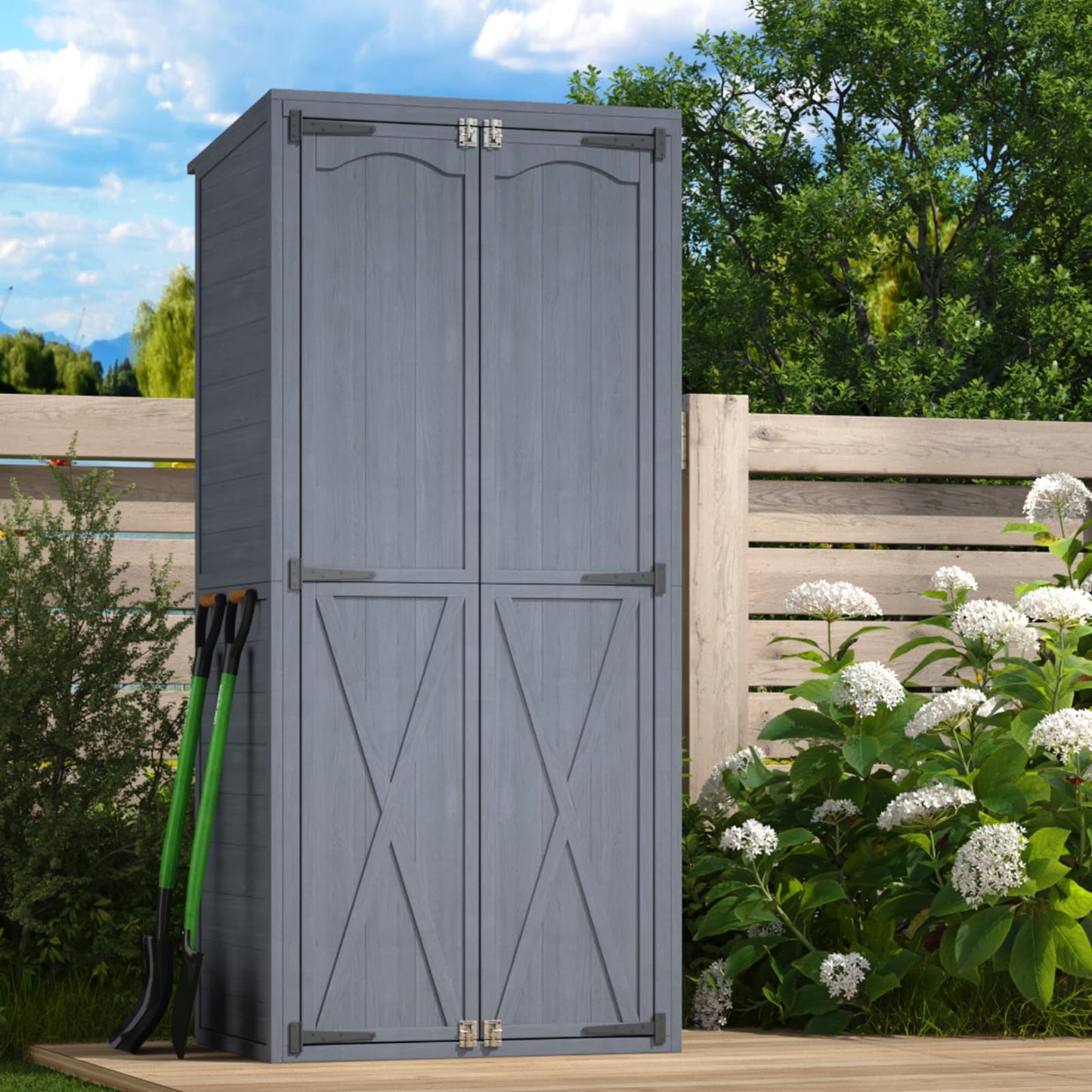 YODOLLA Outdoor Tall Garden Storage Box, Wooden Garden Storage Tool Cabinet Shed with 3 Adjustable Shelves