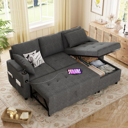 YODOLLA L-Shaped Corner Sofa Bed 3-in-1 Pull Out Sleeper Sofa, Dark Grey