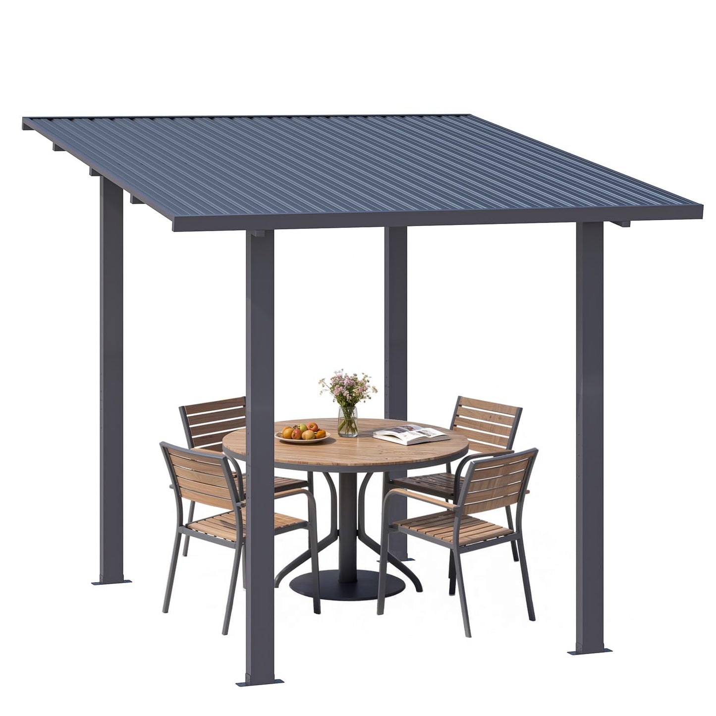 YODOLLA 2.4 x 2.4m Metal Lean-to Gazebo Wall-Mounted Iron Hardtop Roof Pergola