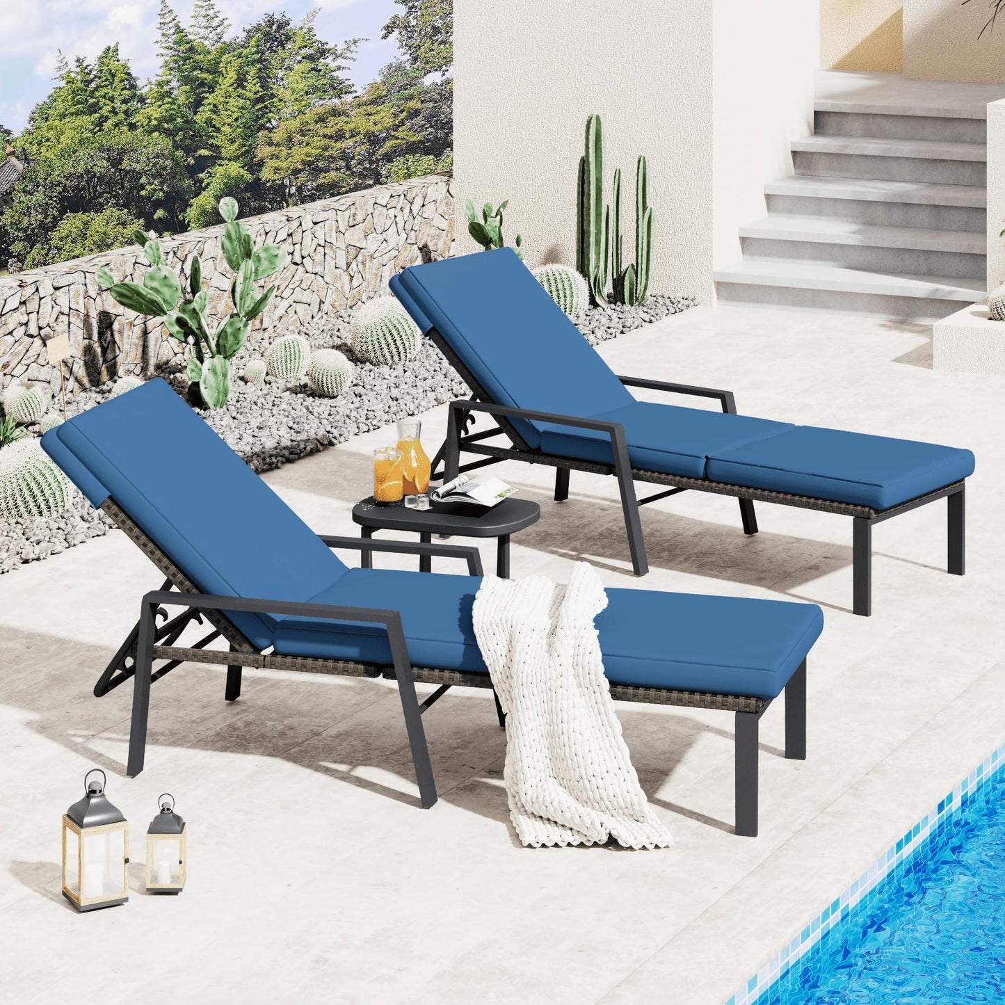 YODOLLA PE Rattan Sun Loungers , 5-level Reclining Back & Removable Cushion