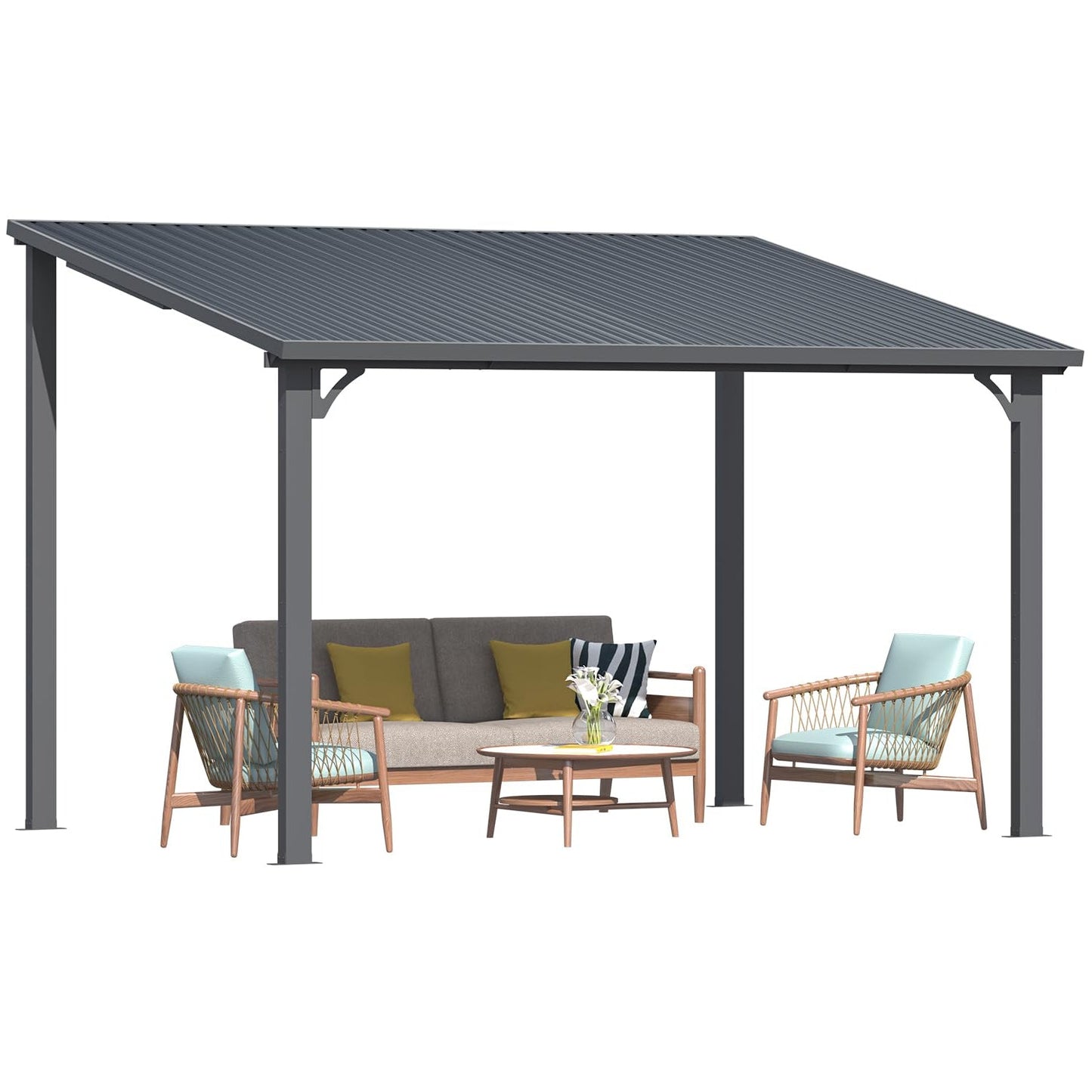 YODOLLA 2.4x3.6m Aluminium Lean-to Gazebo Wall-Mounted Iron Hardtop Roof Pergola