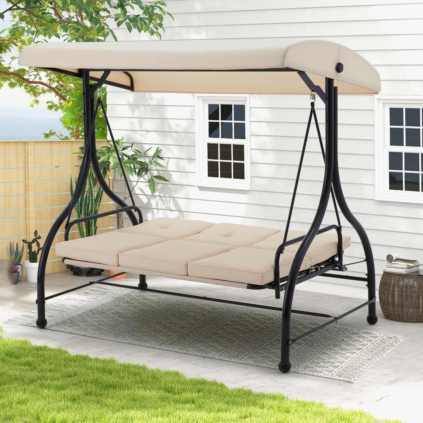 YODOLLA 3 Seater Garden Swing Seat Bed, Beige