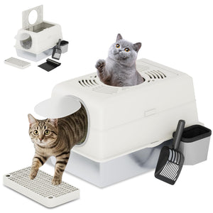 YODOLLA Stainless Steel Cat Litter Tray with Lid, Dual Doors, Scoop, Mat & Steps