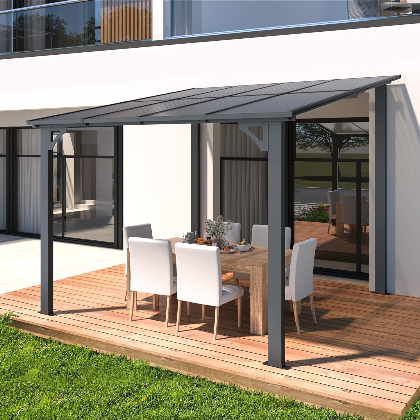YODOLLA 2.4x2.4m Aluminium Lean-to Gazebo Wall-Mounted Hardtop Roof Pergola, Dark Grey