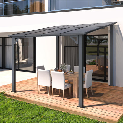 YODOLLA 2.4x2.4m Aluminium Lean-to Gazebo Wall-Mounted Hardtop Roof Pergola, Dark Grey