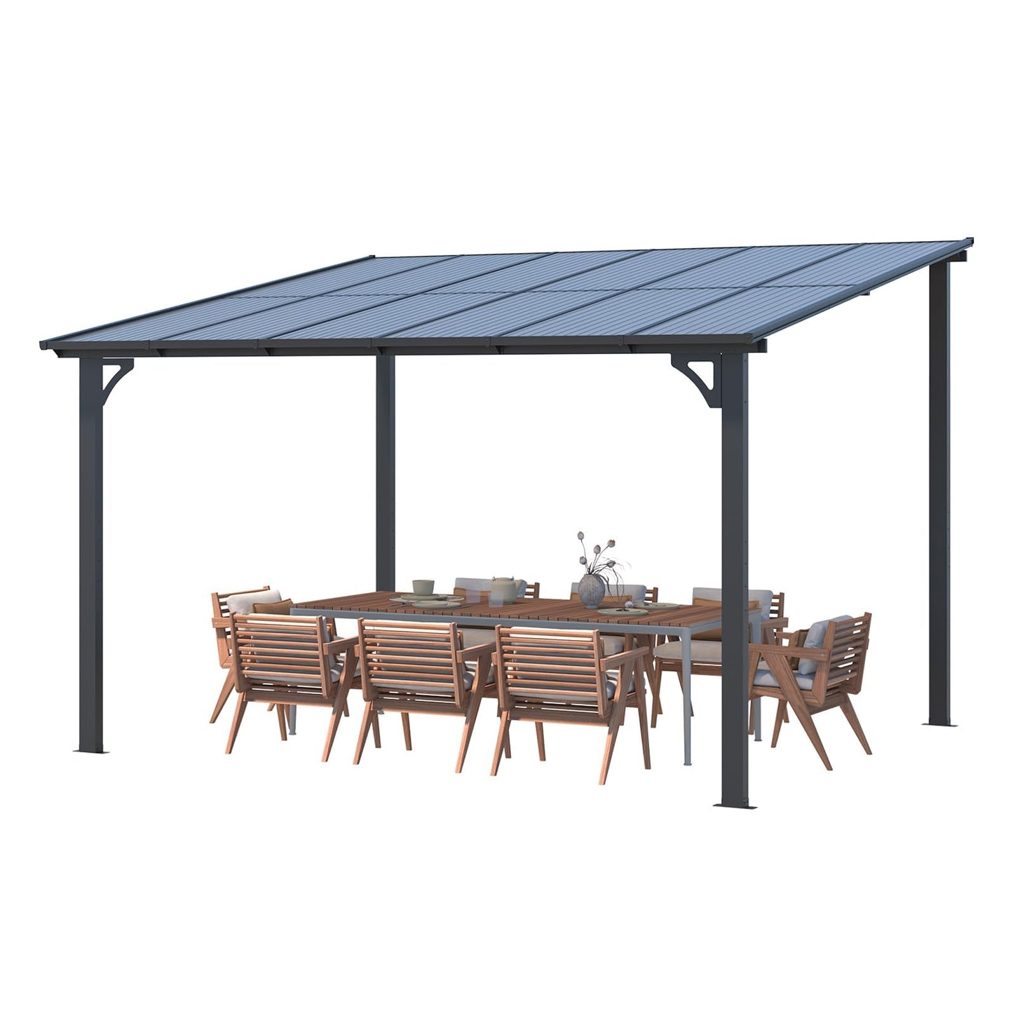 YODOLLA 3x3.65m Aluminium Lean-to Gazebo Wall-Mounted Hardtop Roof Pergola