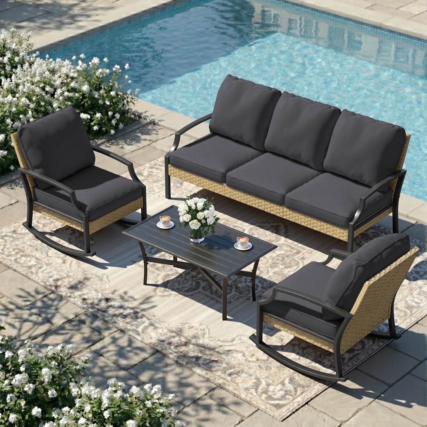 YODOLLA 4-Piece Patio Furniture Set with Rocking Chairs, Grey