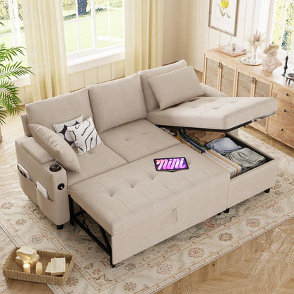 YODOLLA L-Shaped Corner Sofa Bed 3-in-1 Pull Out Sleeper Sofa, Beige