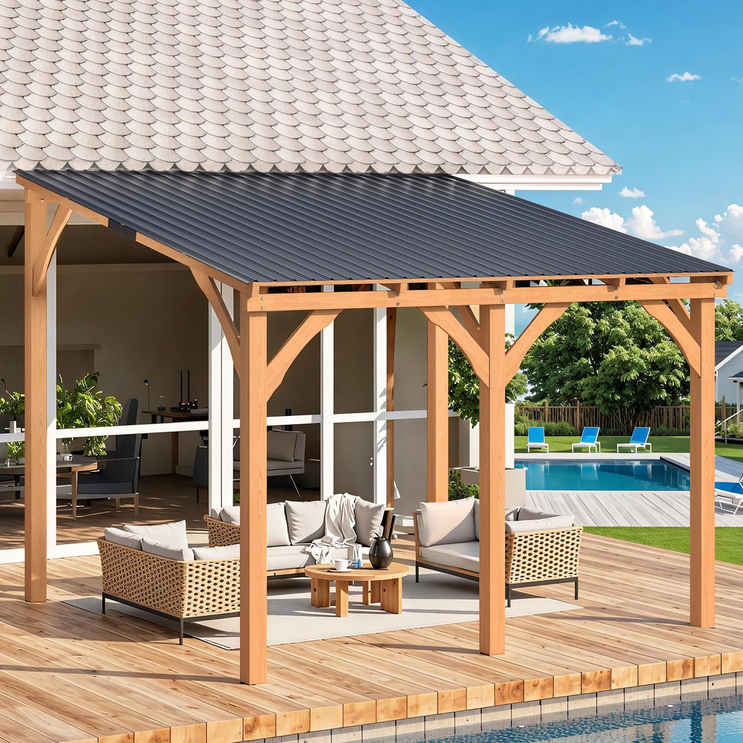 YODOLLA 3x3m Lean-to Hardtop Gazebo Outdoor Wood Cedar Wall Mounted Pergola