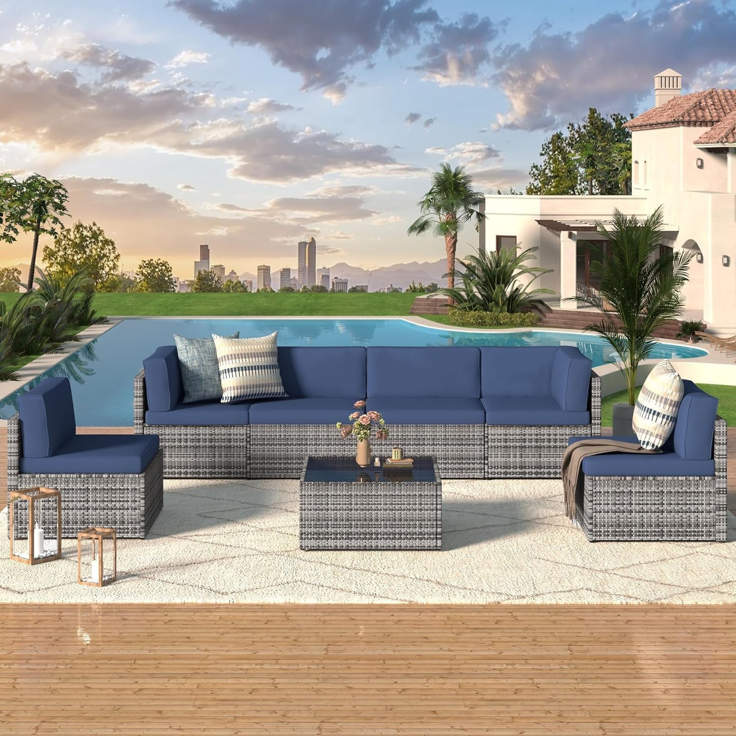 YODOLLA 6-Seater Garden Furniture Sets,7 Pieces Outdoor Patio Rattan Sofa Set
