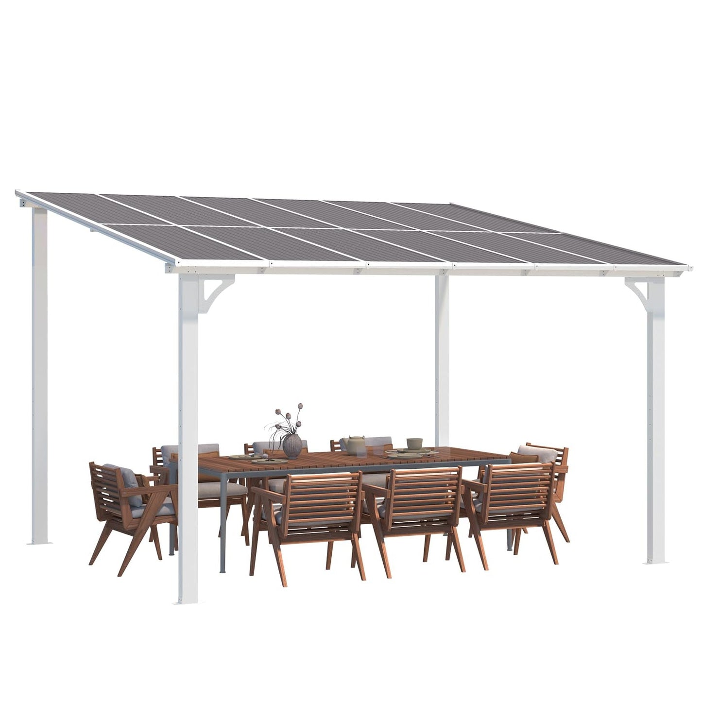 YODOLLA 3x3.65m Aluminium Lean-to Gazebo, Wall-Mounted Hardtop Roof Pergola, White