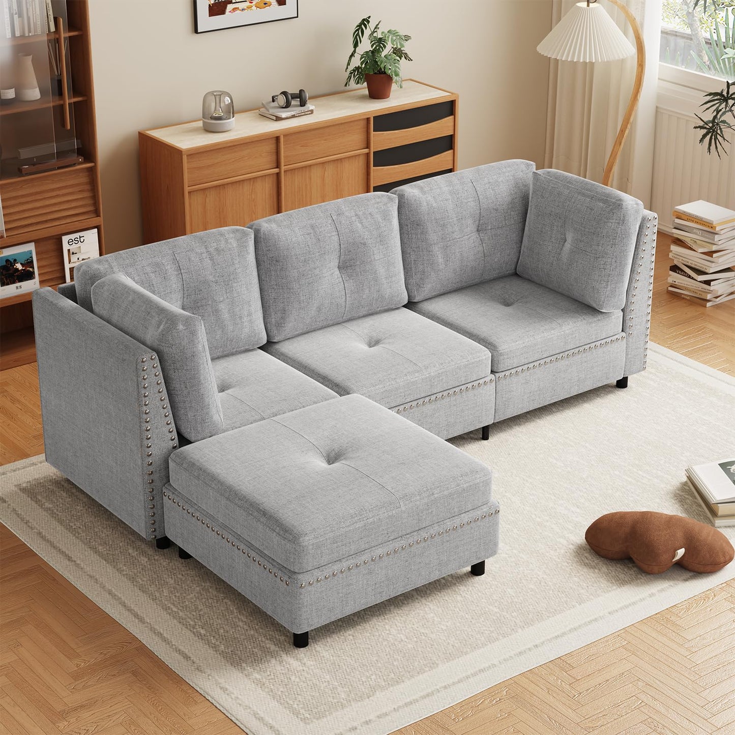 YODOLLA 225cm L-Shaped Corner Sofa, 3-4 Seater Modern Sofa Couch with Footstool