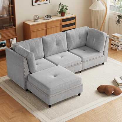 YODOLLA 225cm L-Shaped Corner Sofa, 3-4 Seater Modern Sofa Couch with Footstool