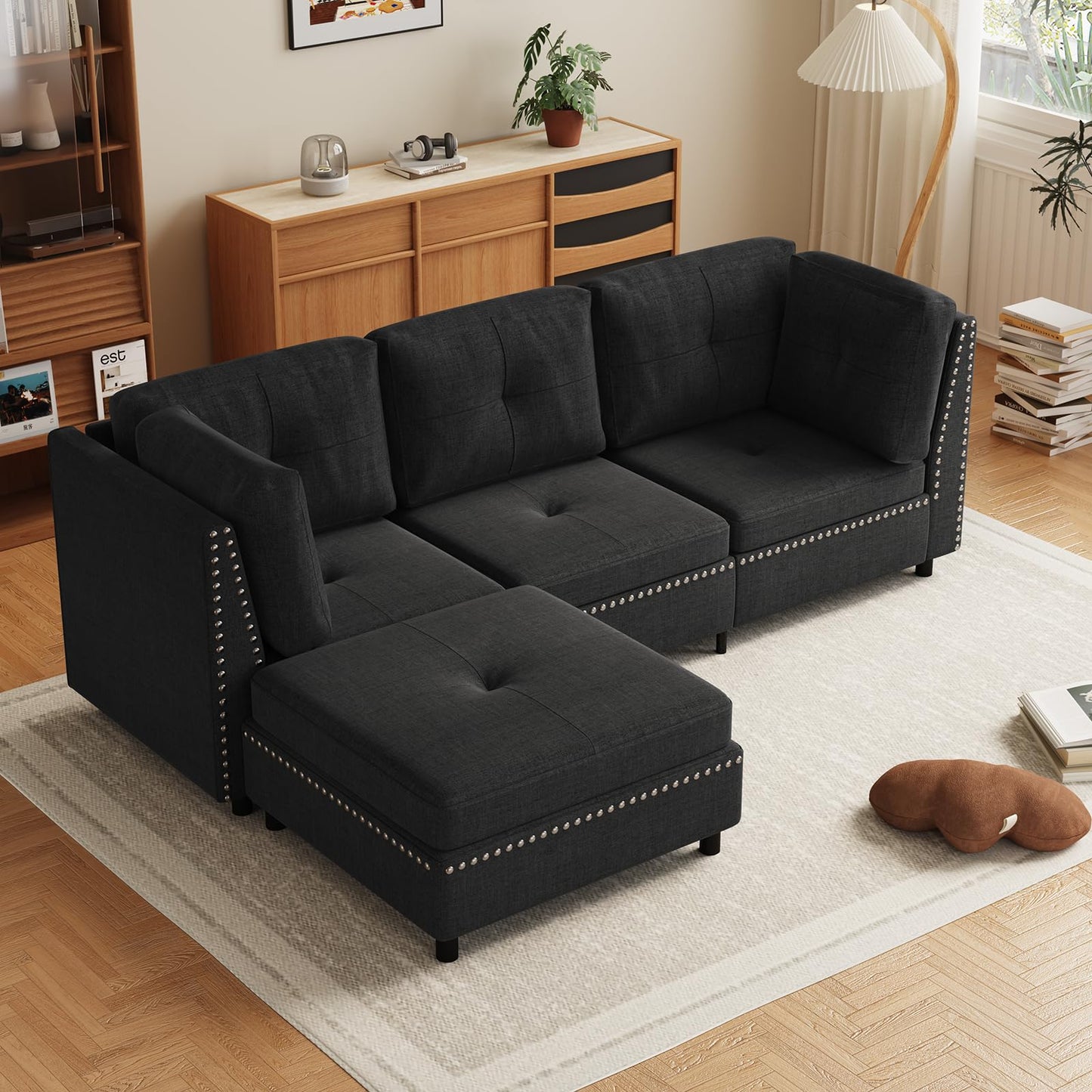 YODOLLA 225cm L-Shaped Corner Sofa, 3-4 Seater Modern Sofa Couch with Footstool
