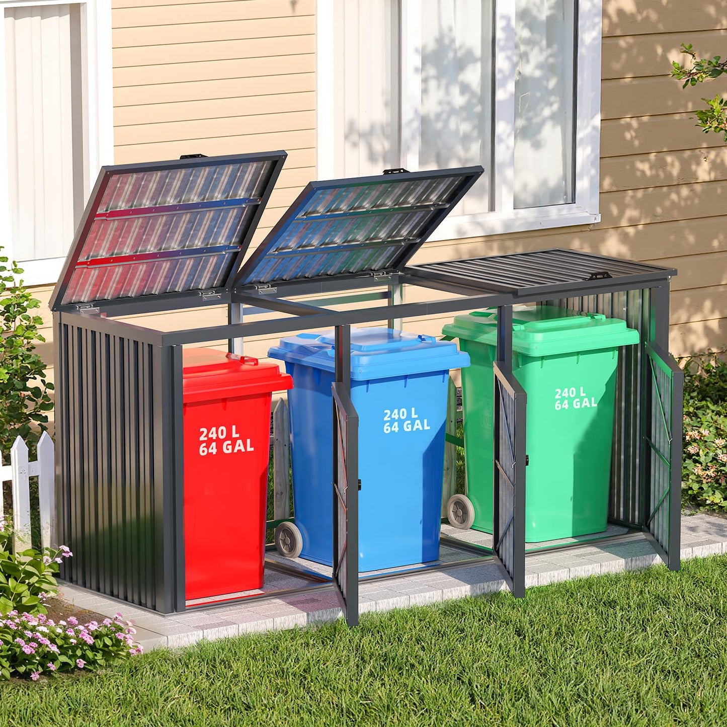 YODOLLA Wheelie Bin Box, Set of 3, 240 L Garden Cabinet Tool Shed, Dark Grey