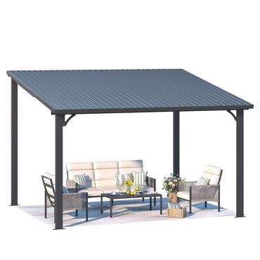 YODOLLA 3x3.65m Aluminium Lean-to Gazebo Wall-Mounted Iron Hardtop Roof Pergola