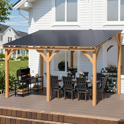 YODOLLA 3x3.65m Lean-to Hardtop Gazebo Outdoor Wood Cedar Wall Mounted Pergola