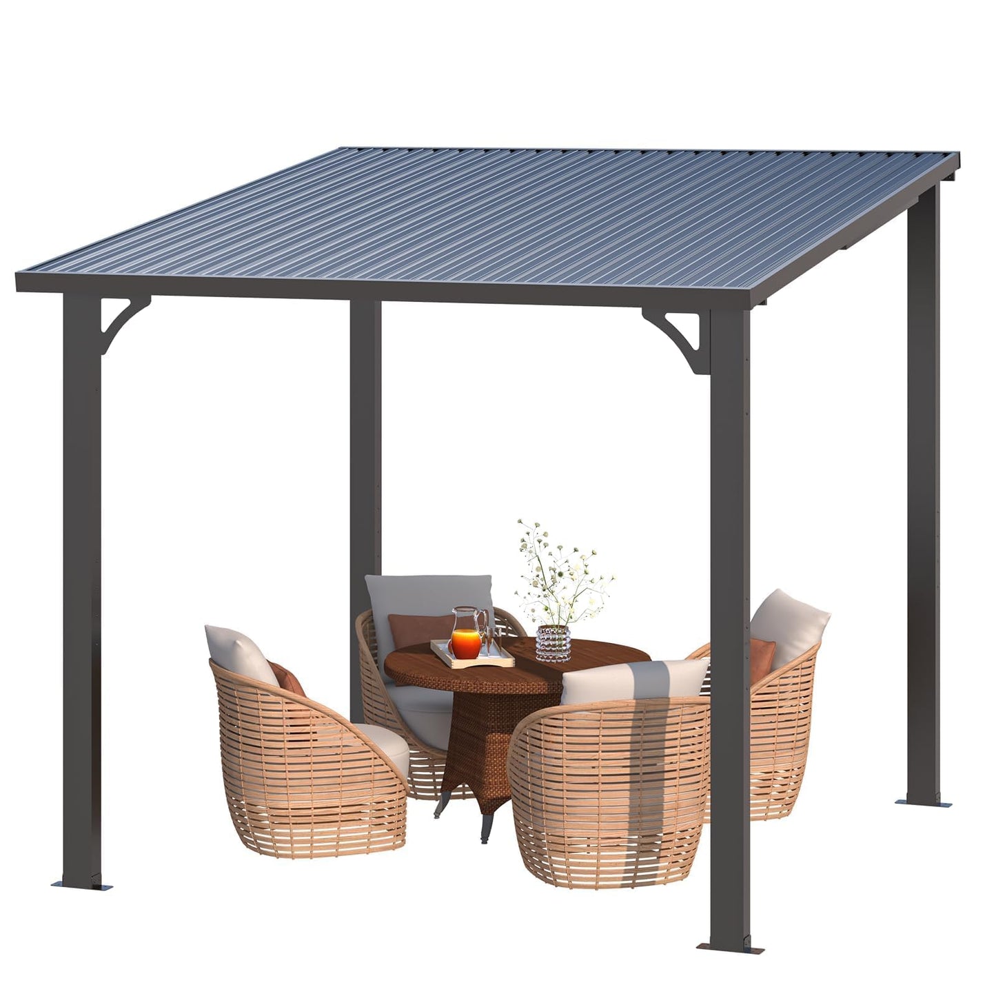 YODOLLA 2.4x2.4m Aluminium Lean-to Gazebo Wall-Mounted Hardtop Roof Pergola