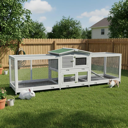 YODOLLA 2.4m Large Wooden Rabbit Hutch Outdoor Double Run Guinea Pig Cage