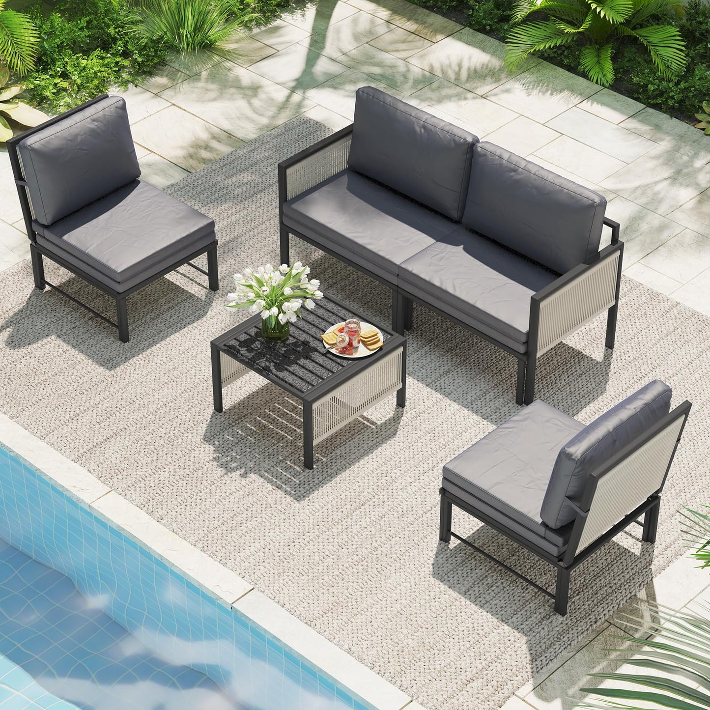 YODOLLA 4 Seater Outdoor Garden Furniture Set, Retractable Single Chair & Loveseat Patio Sofa