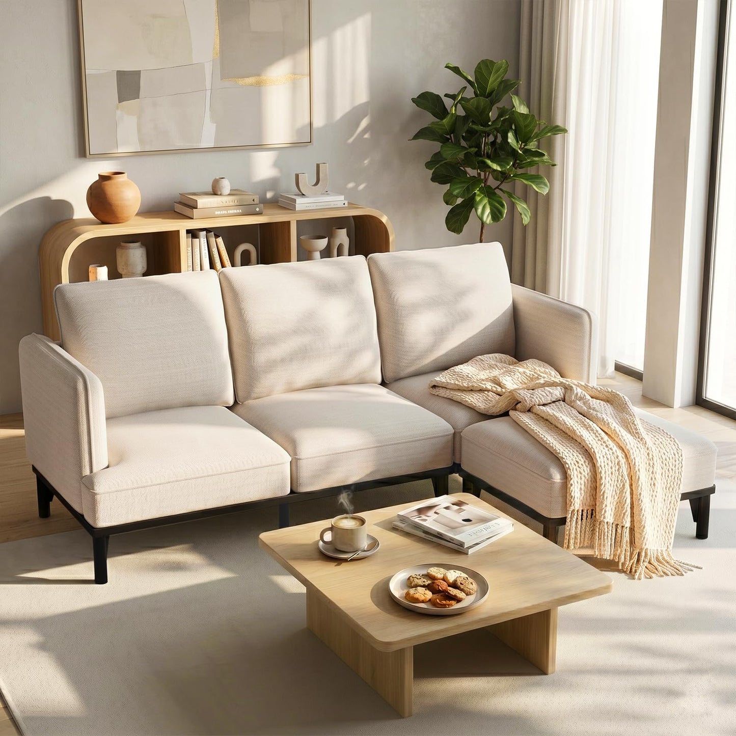 YODOLLA  L-Shaped 3-Seater Sofa 191cm Fabric Sofa with Chaise Ottoman