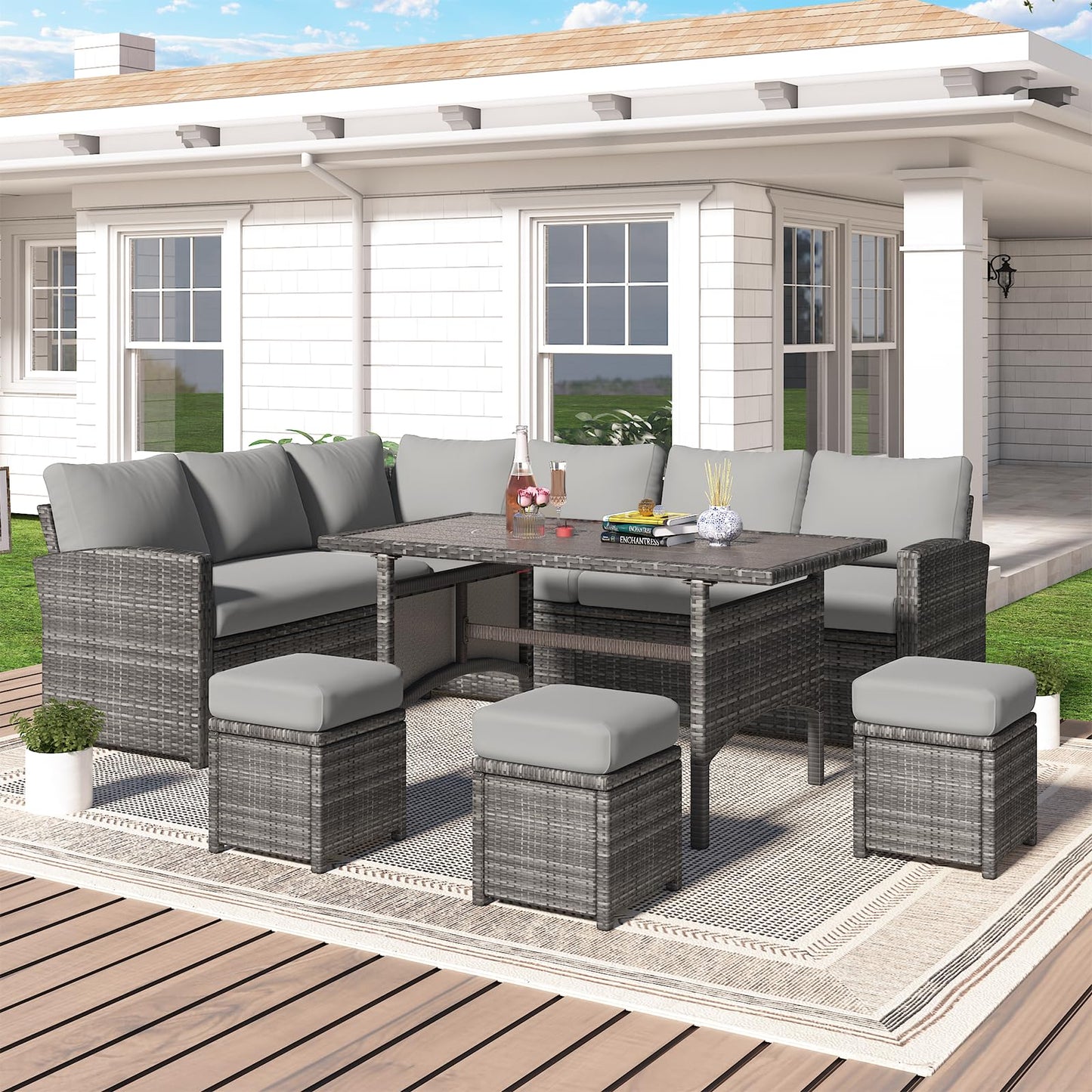 YODOLLA 7-Piece Outdoor Patio Furniture Set, Grey Rattan & Grey Cushion