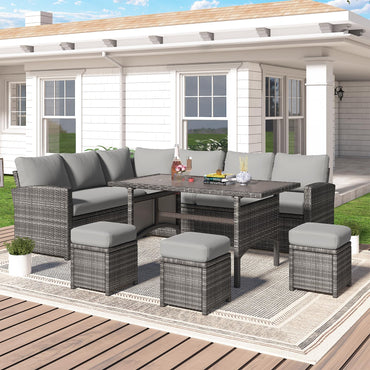 YODOLLA 7-Piece Outdoor Patio Furniture Set, Grey Rattan & Grey Cushion