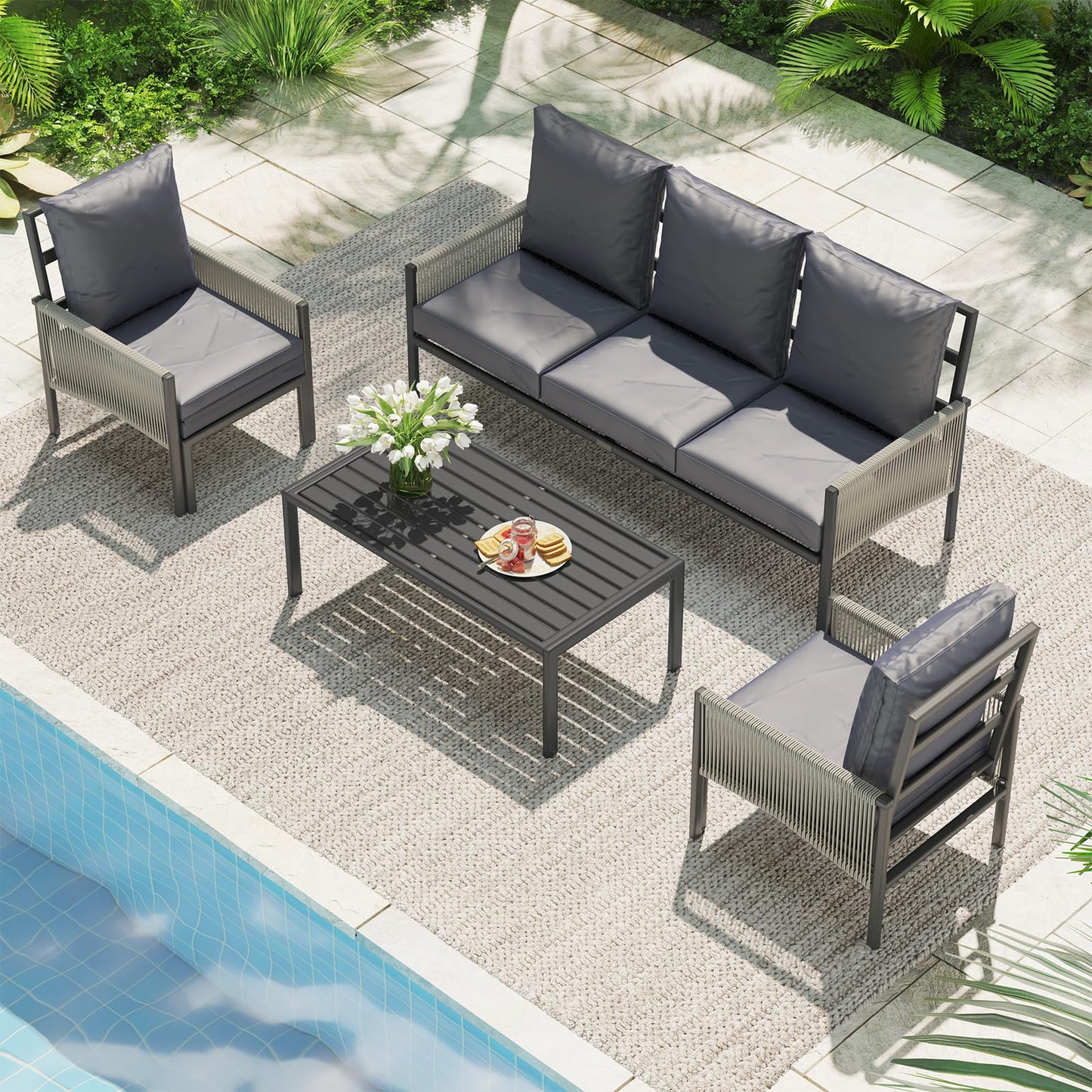 YODOLLA 5 Seater Outdoor Garden Furniture Set, Retractable Single Chair Patio Sofa