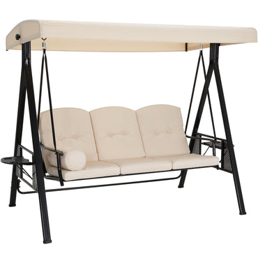 YODOLLA 3 Seater Garden Swing Chair with Adjustable Canopy & Cushions-Beige