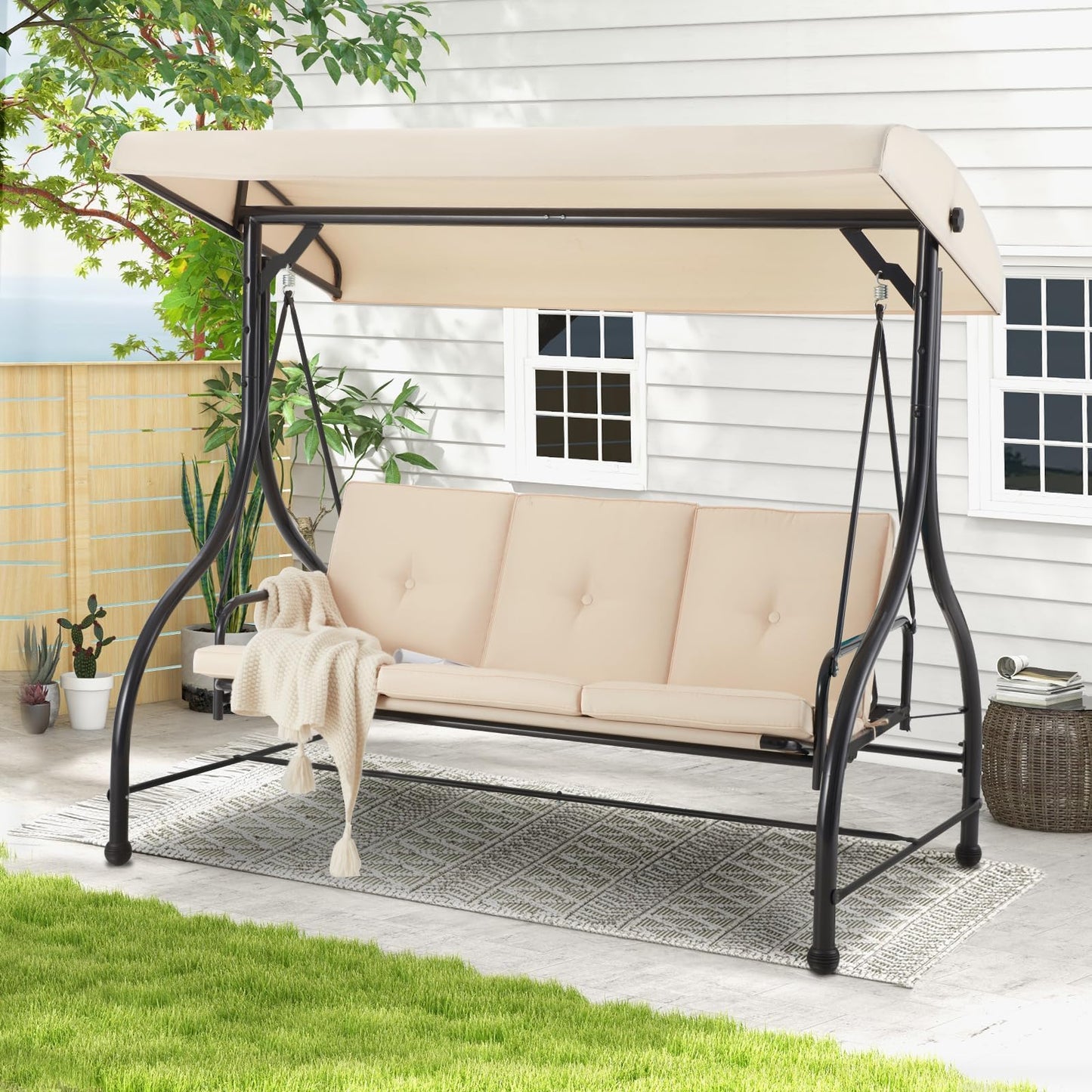 YODOLLA 3 Seater Garden Swing Seat Bed, Beige