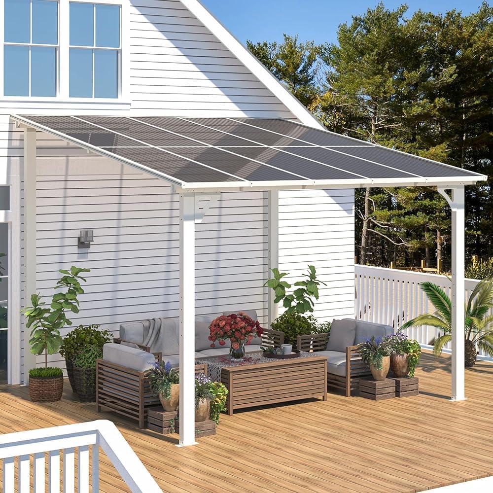 YODOLLA 3x3m Aluminium Lean-to Gazebo, Wall-Mounted Hardtop Roof Pergola, White