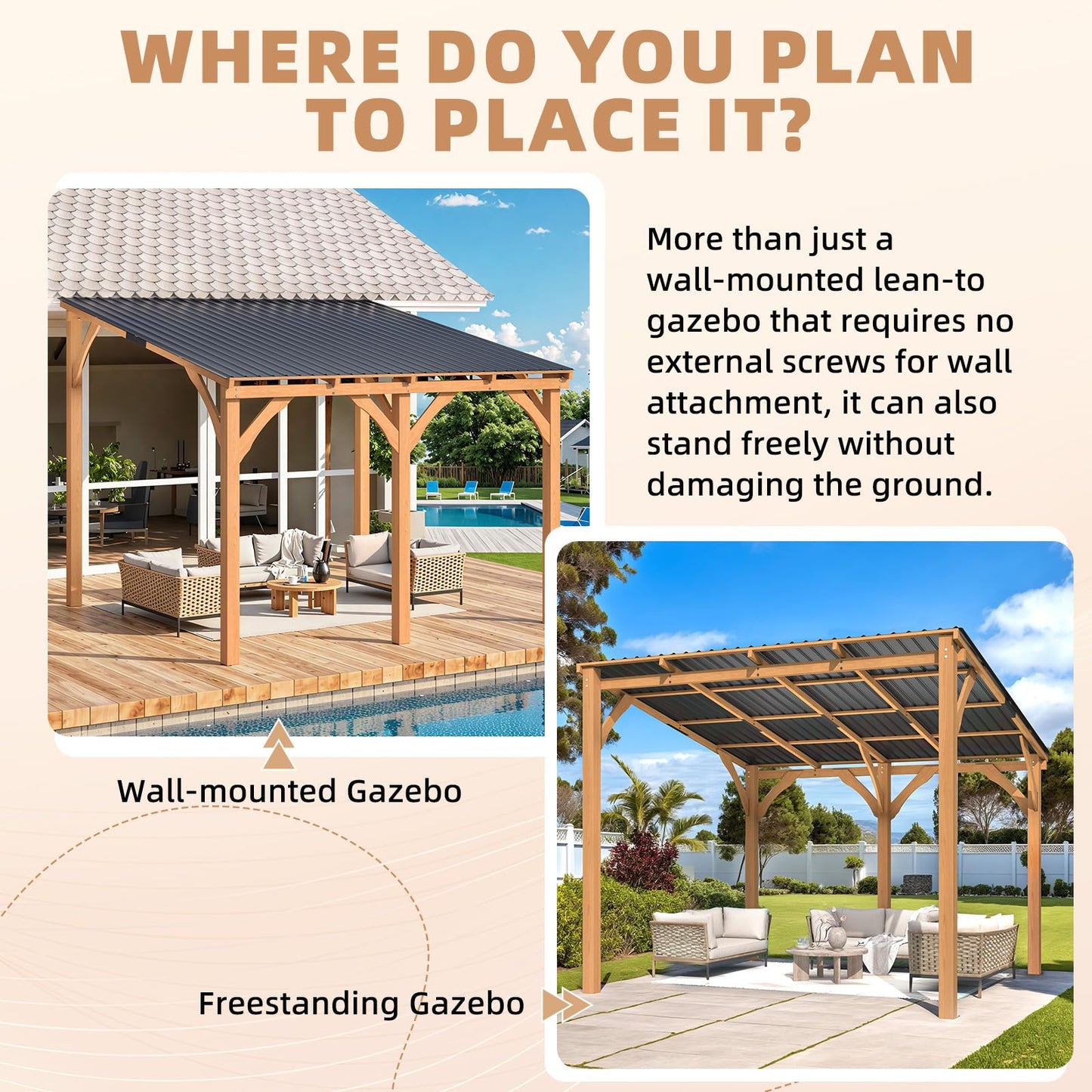 YODOLLA 3x3m Lean-to Hardtop Gazebo Outdoor Wood Cedar Wall Mounted Pergola