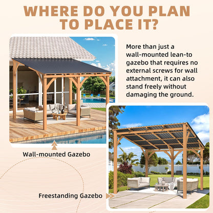 YODOLLA 3x3m Lean-to Hardtop Gazebo Outdoor Wood Cedar Wall Mounted Pergola