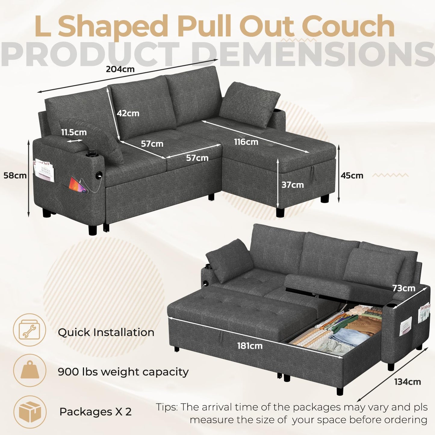 YODOLLA L-Shaped Corner Sofa Bed 3-in-1 Pull Out Sleeper Sofa, Dark Grey