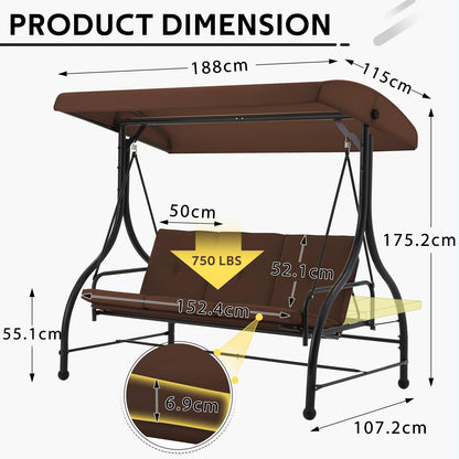 YODOLLA 3 Seater Garden Swing Seat Bed, Brown
