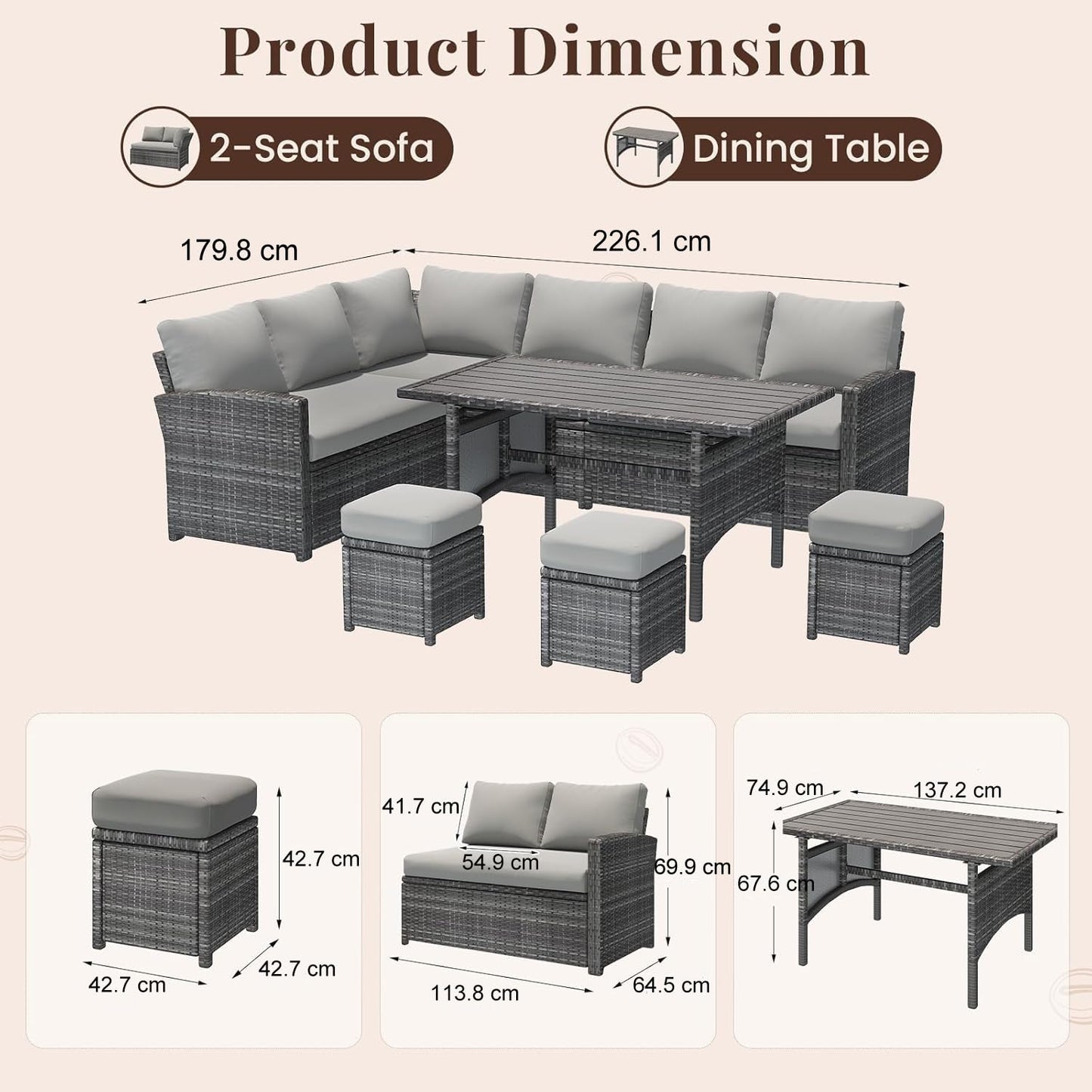 YODOLLA 7-Piece Outdoor Patio Furniture Set, Grey Rattan & Grey Cushion