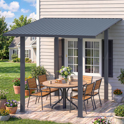YODOLLA 2.4 x 2.4m Metal Lean-to Gazebo Wall-Mounted Iron Hardtop Roof Pergola