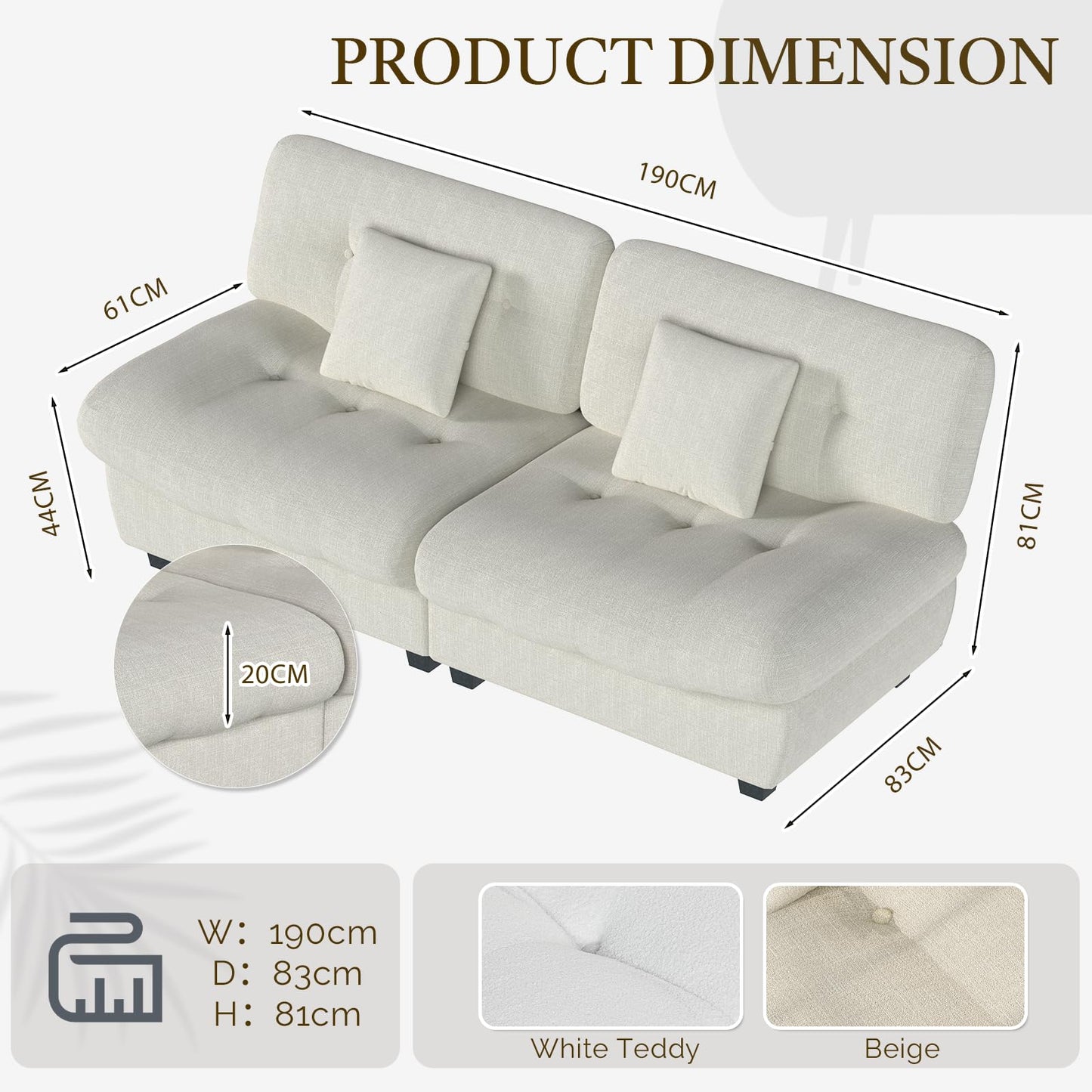 YODOLLA Armless 3-4 Seater Sofa 190cm, Thick Cushion Sofa