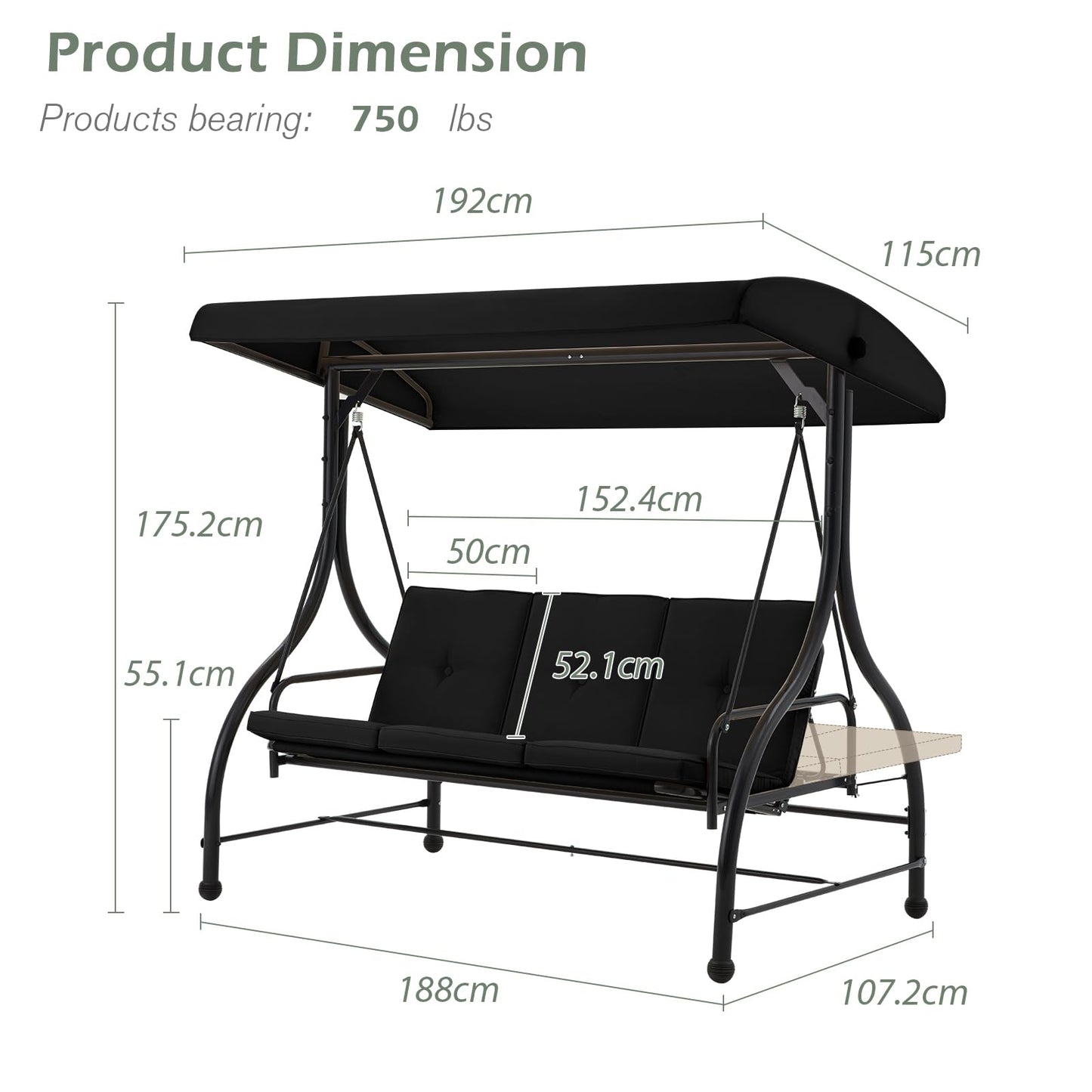 YODOLLA 3 Seater Garden Swing Seat Bed, Black