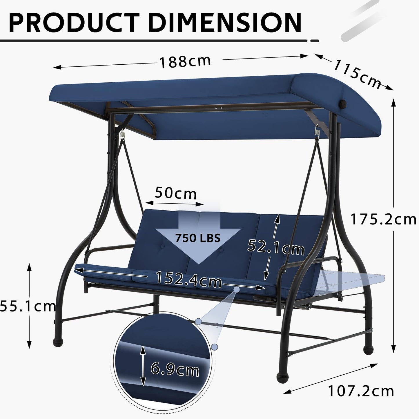 YODOLLA 3 Seater Garden Swing Seat Bed, Blue