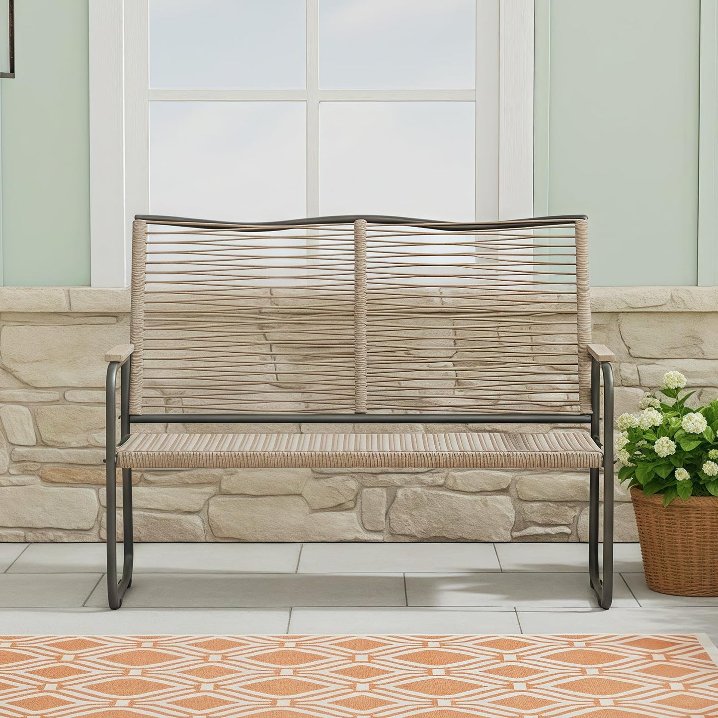 YODOLLA 2-Seater Rope Garden Bench Loveseat, All-Weather Woven Rope Patio Sofa