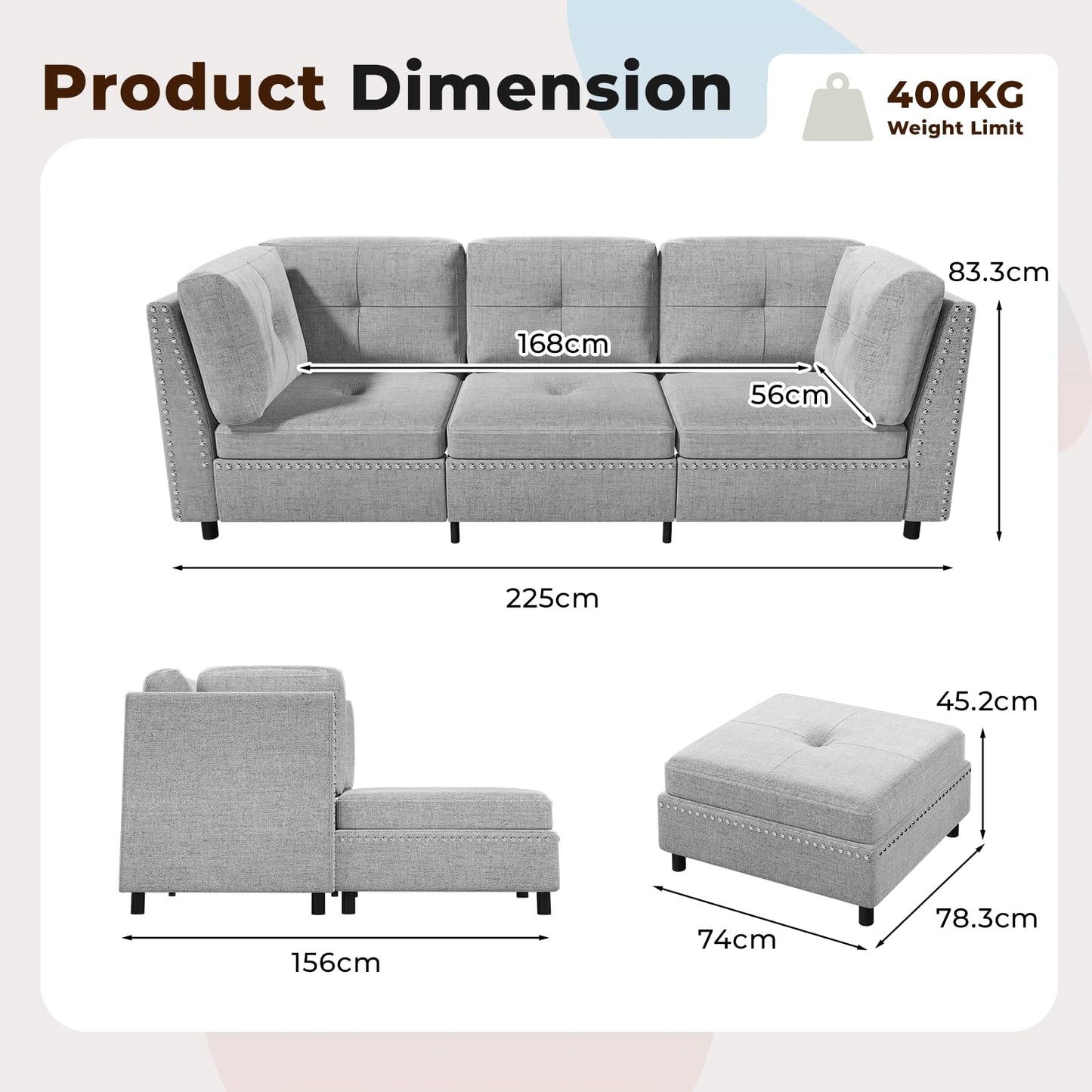 YODOLLA 225cm L-Shaped Corner Sofa, 3-4 Seater Modern Sofa Couch with Footstool