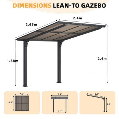 YODOLLA 2.4x2.4m Freestanding Hardtop Lean to Gazebo Pergola for Patio