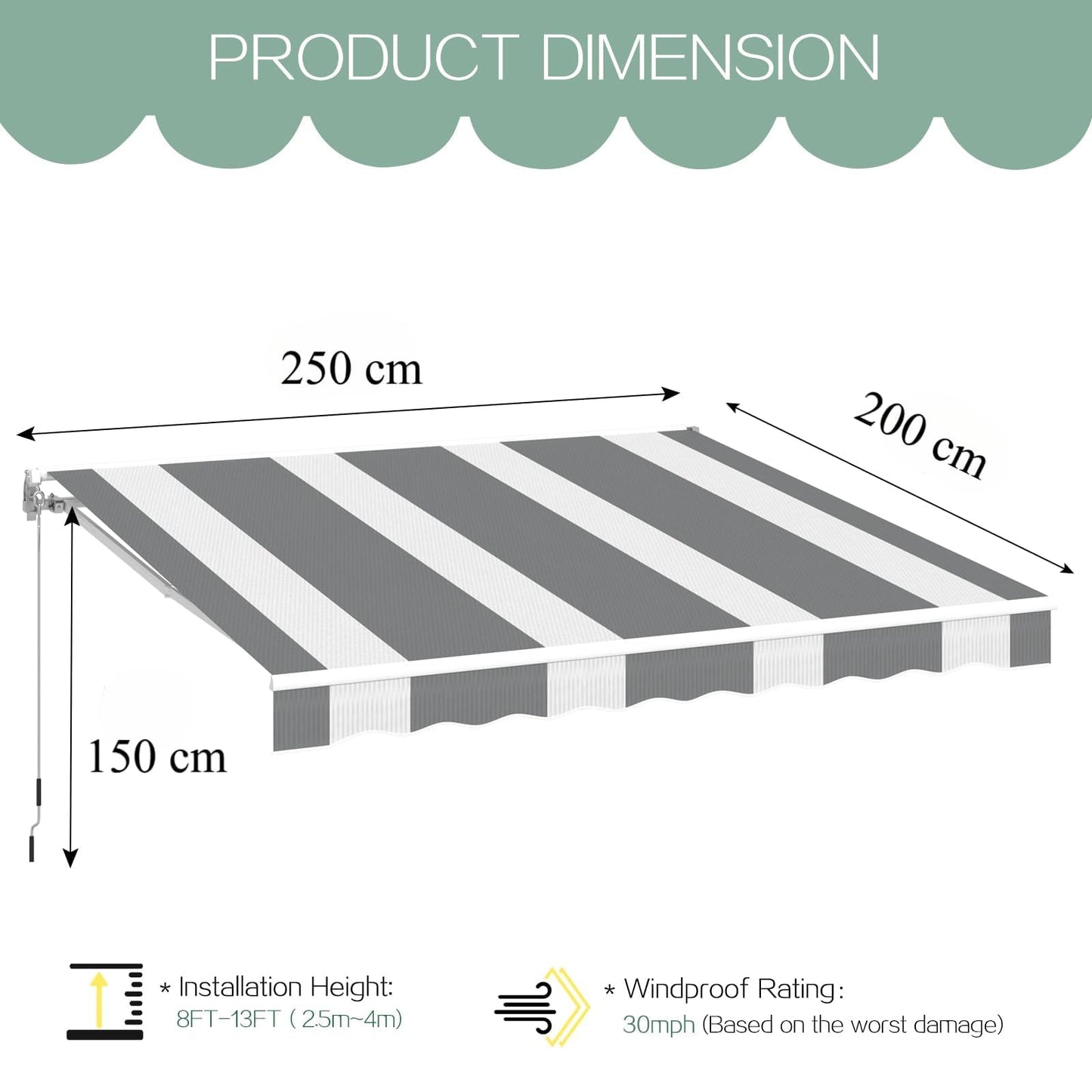 YODOLLA 2.5x2m Retractable Patio Awning Manual Crank Sun Shade Canopy