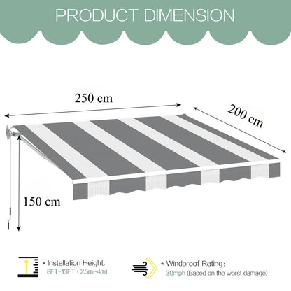 YODOLLA 2.5x2m Retractable Patio Awning Manual Crank Sun Shade Canopy